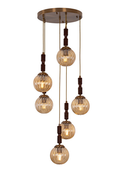 Avonni 1923-6ET Eskitme Kaplama Modern Avize E27 Metal Ahşap H: 90 cm, Ø: 40 cm