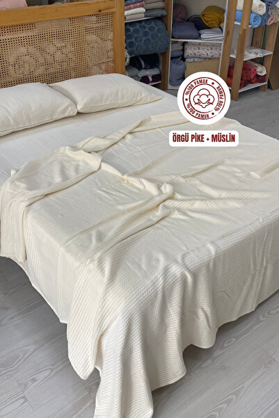 sutra 100% Cotton King Size Muslin Knitted Pique Set with Elastic Sheets