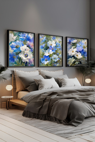 STARYUNA Σετ τριών πινάκων με θέμα το μπλε λουλούδι και μαύρο ξύλινο πλαίσιο ...
