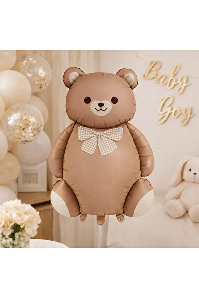 BALON DİYARI Retro Cute Bear Beige Bow Tie Bear Foil Balloon Baby Shower Birt...