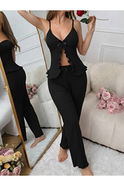 AURASTİL Women's Strappy Bowknot Pajama Set Blackfire