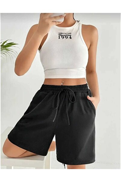 modlux شورت نسائي أسود كبير الحجم من نوع برمودا مريح