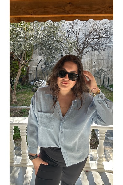 bestie co Kadın Bebe Mavisi Düşük Omuz Oversize Gömlek