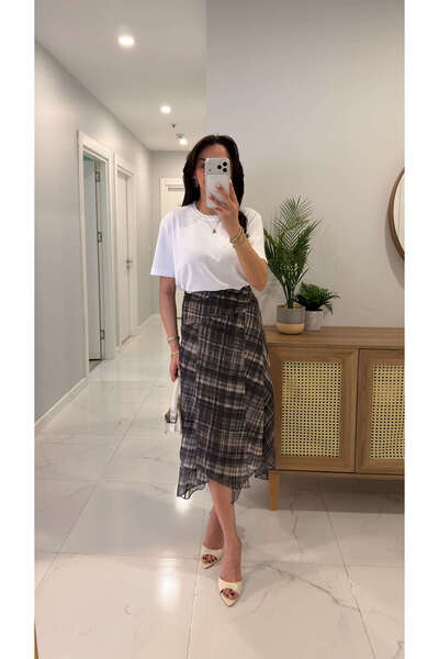 BİRCANÇİL Fusta Mudus kaki cu dungi și croială asimetrică