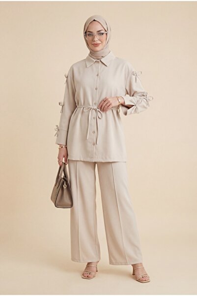 Modamorfo Imported Crepe Trouser Suit with Bow Detail on the Sleeves -Beige