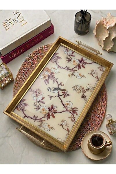 Öykü Modern Kuş Figürlü Gold Çerceveli Kulplu Dekoratif Sunum Tepsisi