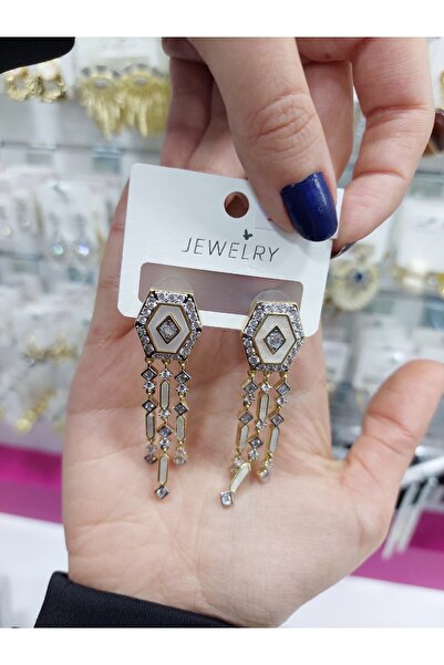 JEWELRY Şık Krem Altıgen Sallantılı Küpe