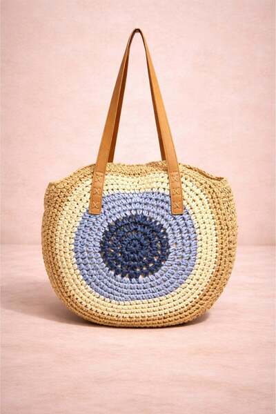 Mixray 2076 Дамска сламена чанта за рамо с мотив  "Зло око ", цвят камел