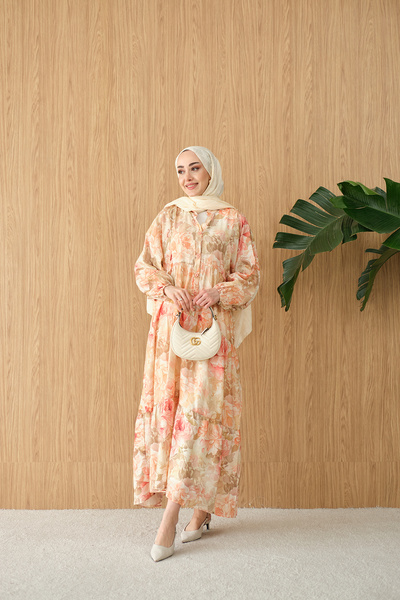 LOCCO Γυναικείο φλοράλ φόρεμα με σχέδιο λουλουδιών σολομός