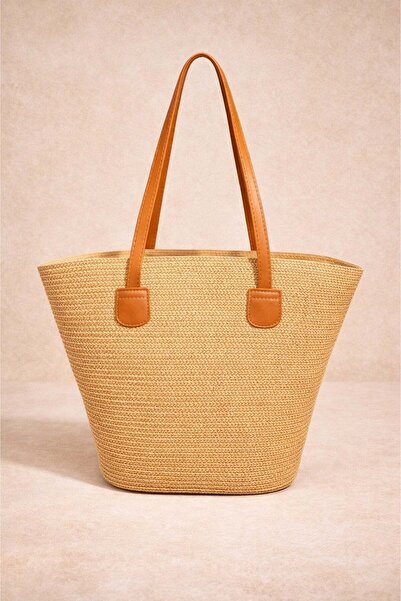 Mixray 2074 Γυναικεία τσάντα ώμου με δερμάτινο λουράκι και ψάθινη ρίγα Camel