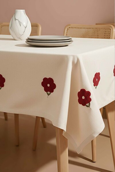 Rivaİstanbul Florita Cherry Punch Embroidered Stain-Resistant Tablecloth 160X...