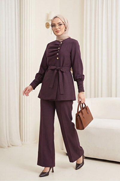 Modamorfo Folded sleeve and front detail, belted waist, half button cupra sui...