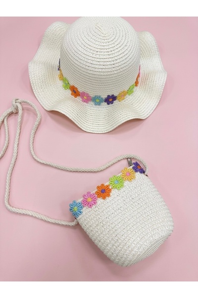 moimaaksesuar Kız Çocuk Hasır Şapka ve Çanta Seti 3-8 Yaş Renkli Çiçek Detayl...