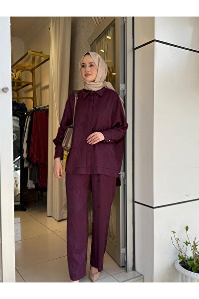 Tığ Triko 5021 Desen Mixli Pantolonlu Takım Bordo