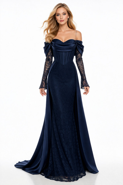 Hüseyin Baştürk Dantel Detaylı Omuz Açık Balık Abiye