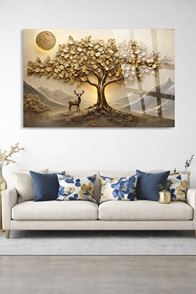 TAULART Unbreakable Glass Table Golden Tree of Life and Deer Nature Scene Art...