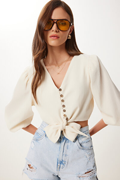 Lovelyİstanbul Λινή μπλούζα με λεπτομέρεια δεσίματος LBV0072 ΚΡΕΜ