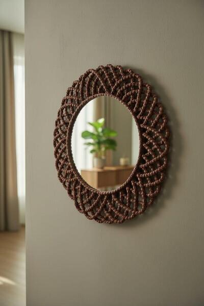 home inn Hasır Görünümlü Dekoratif Duvar Aynası 43 cm – Bordo Renk Rustik & B...