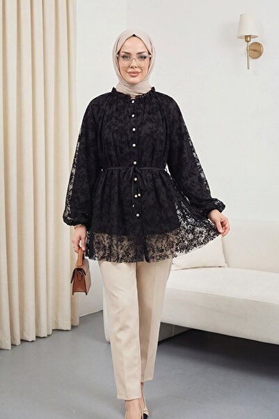 Modamorfo High neck, waist-tie, balloon sleeve, flog print, lined tulle tunic...