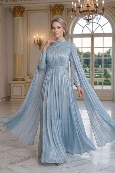 hakimoda Ni̇la Işıltı Chiffon Evening Dress Sky Blue
