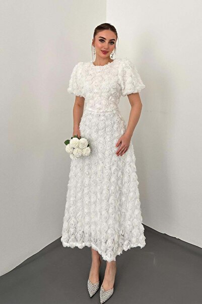 Elbee Fashion Woman White Rose Dress