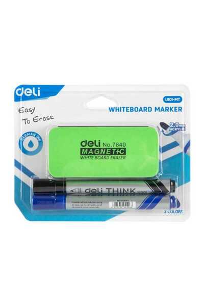 Deli Whiteboard Marker 2 Pieces 2.00 mm (Black + Blue) and Eraser