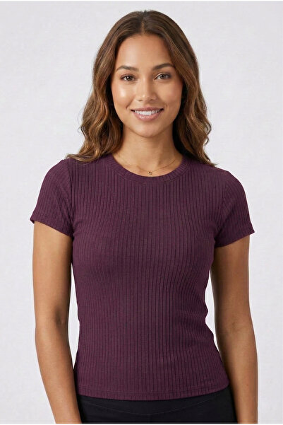 OBJE Women's Burgundy Viscose Round Neck Short Sleeve Body