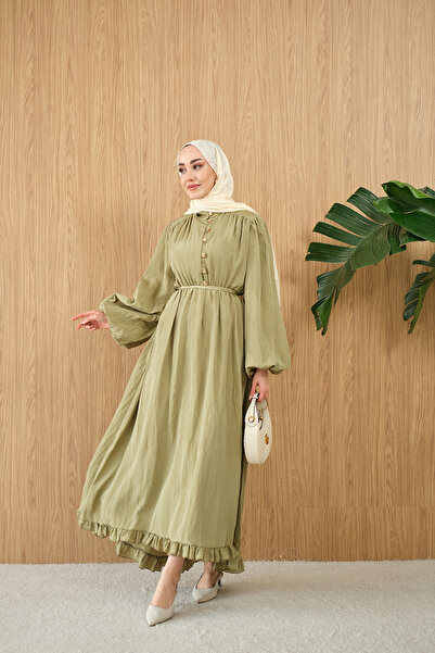 LOCCO فستان نسائي غير متماثل مزين بكشكشة وحزام خصر مطوي باللون الأخضر الفستقي