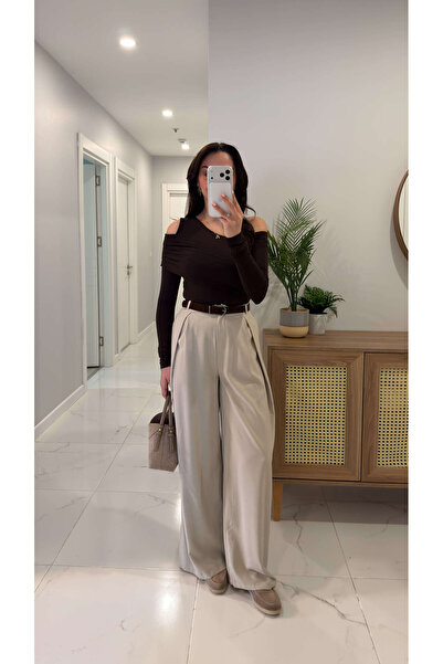 BİRCANÇİL بنطلون ميلدا تاش مزدوج الصدر مع حزام مطوي