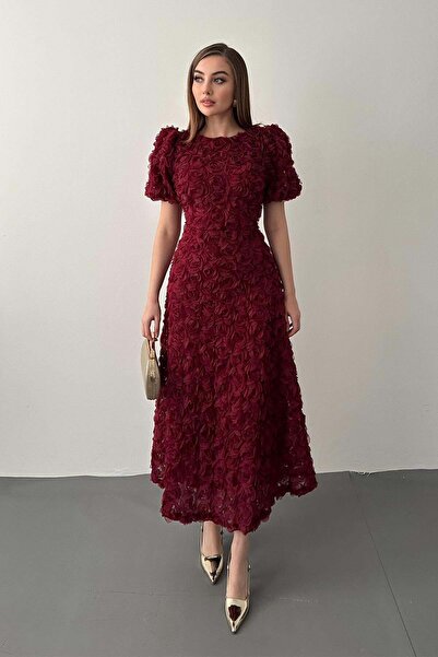 Elbee Fashion Woman Burgundy Rose Dress