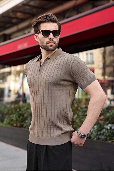Madmext Light Brown Polo Collar Slim Fit Knitwear Men's T-Shirt E7465
