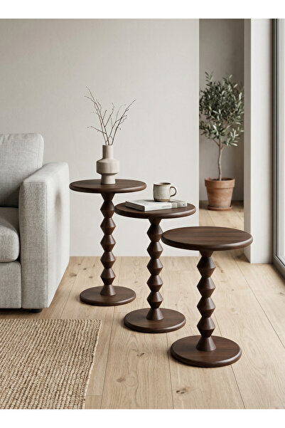 goji home decor 3'lü Ahşap Zigon Sehpa Seti Naturel Ceviz 50 55 60 cm Yuvarla...