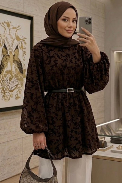 onlymoon Brown Hijab Tulle Tunic with Lining and Belt |   Patterned, Stylish,...