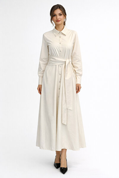 Lale Butik Tie Detail Poplin Dress 13254 Beige