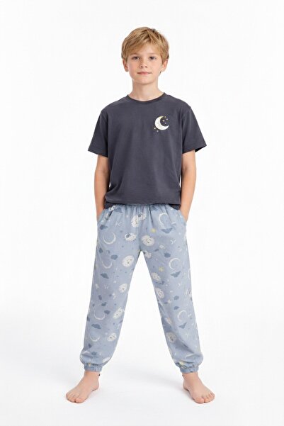 SERRASTIL Erkek Çocuk Baskılı Gri Renk %100 Pamuk Süprem Kısa Kollu Pijama Ta...