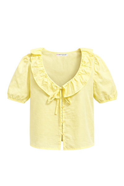 Mixray 4711 Women's Balloon Sleeve Ruffled Collar Blouse Yellow