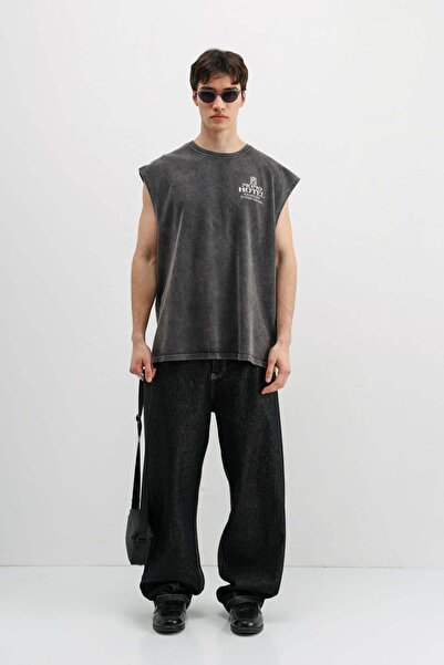 VAMOSCLO Printed Sleeveless Oversize T-Shirt Black