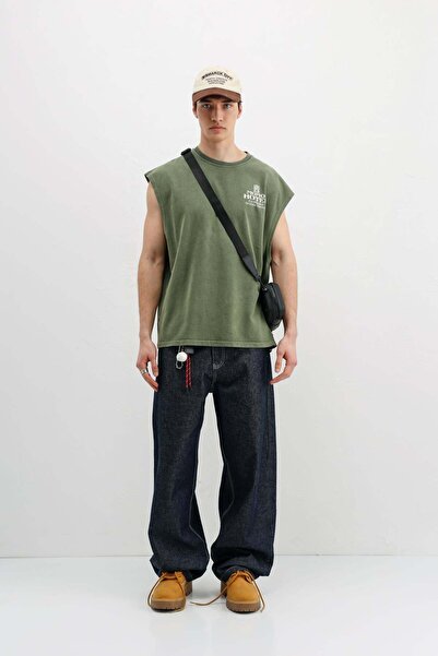 VAMOSCLO Printed Sleeveless Oversize T-Shirt Khaki