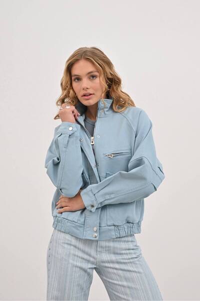 İLKCET MODA سترة بومبر نسائية بياقة عالية وسحاب أمامي