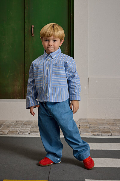 Fahhar Kids Cămașă cu dungi și buzunar cangur, albastră