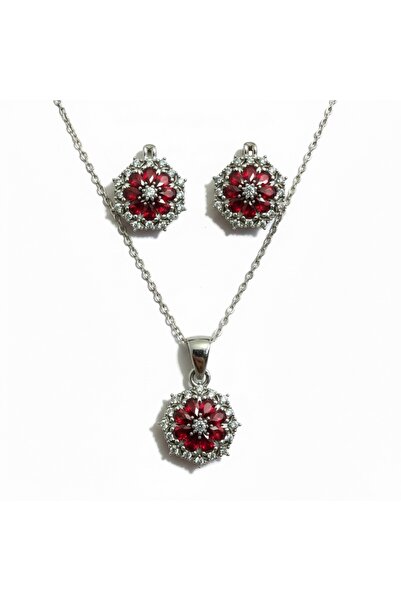 Parlavert Silver 925 Ayar Gümüş Kırmızı Garnet Taşlı Kadın Kolye Küpe Seti – ...