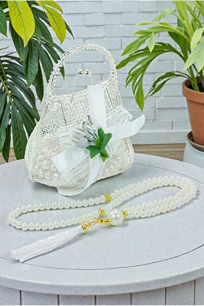 ihvan online طقم هدايا مولوت مع حقيبة فضية صغيرة وسبحة لؤلؤية - أبيض