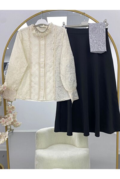 modasindoma Women's Linen Shirt Suit with Black Skirt