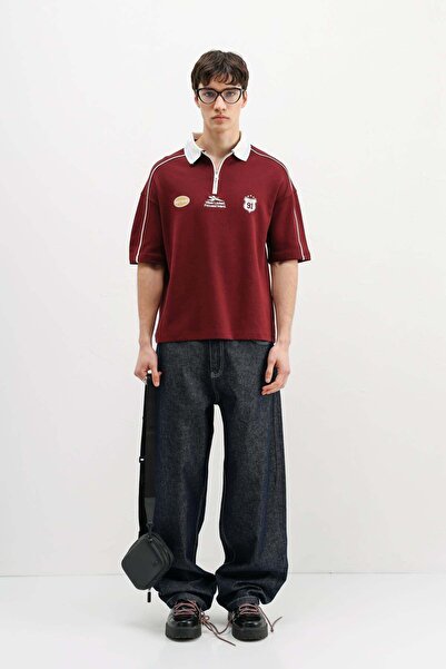 VAMOSCLO Zippered Collar Printed Oversize T-Shirt Burgundy