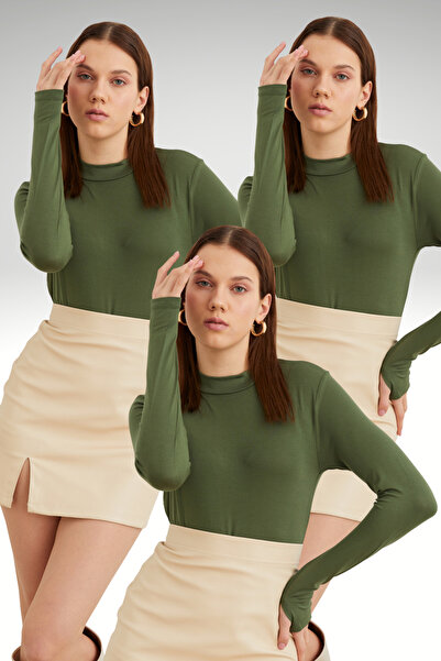 Ladima Women's Khaki 3-Piece Finger Detailed Bodysuit