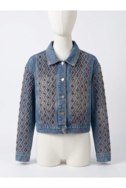 Rabiossa Women's Blue Beaded and Red Stone Embellished Denim Jacket
