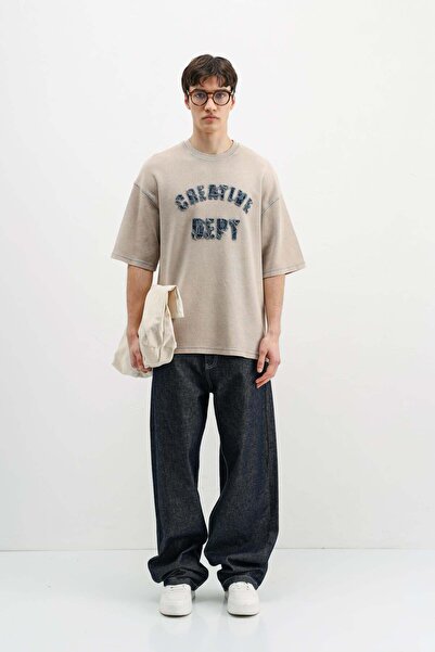 VAMOSCLO Washable Lettering Printed Oversize T-Shirt Beige