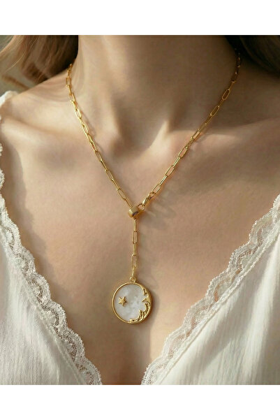 Gleemy accesories Altın Kaplama Mineli Ay Yıldız Uçlu, Çelik Ataç Oval zincir...