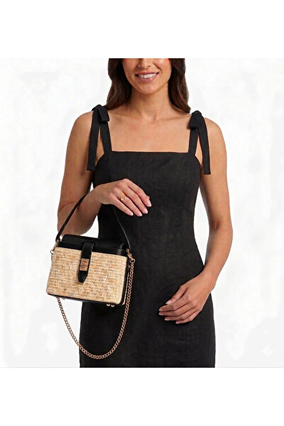 ESTE Day/Night Raffia Straw & Genuine Leather Box Bag with Detachable Chain S...