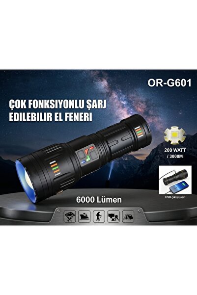 FAVBOX OR-G601 6000 Lümen Ultra Güçlü Profesyonel Şarjlı El Feneri - 200W Güç...